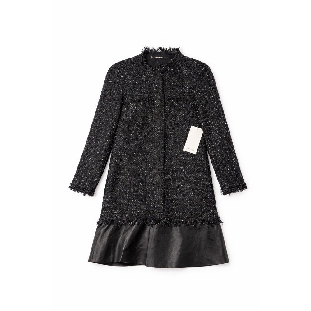 Zara Black Tweed Mini Dress Leather Trim Long Sleeve Size XS NWT Classic Chic
